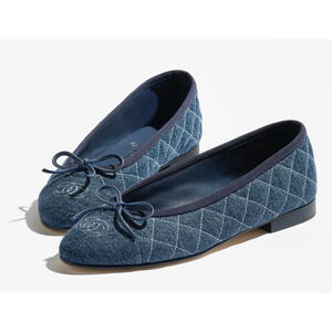 Chanel 26P Washed Denim Blue Quilted CC Logo Bow Tie Ballet Ballerina Flat 38